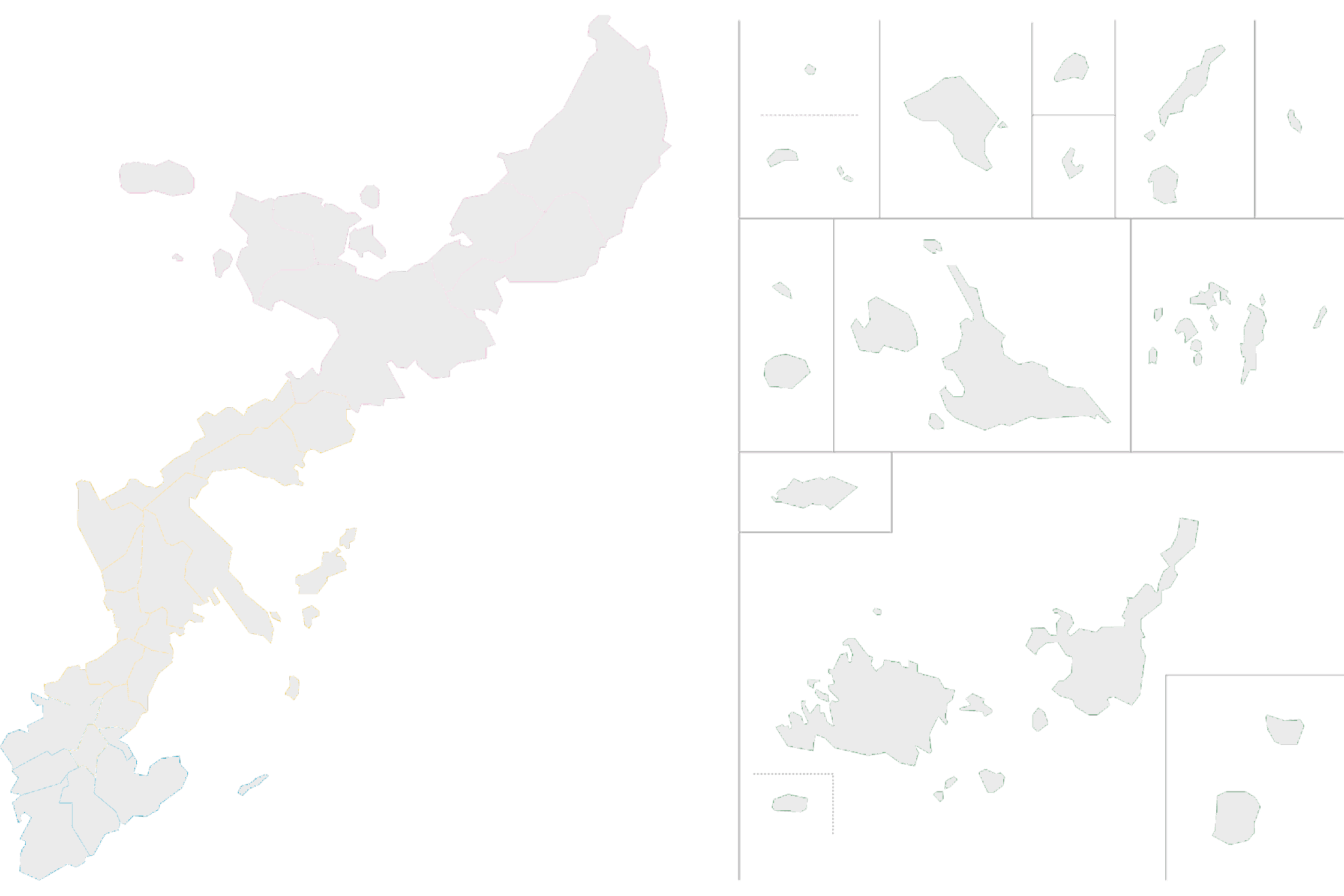 沖縄県のエリア区分図。南部・中部・北部・離島の4エリアに分かれている。
